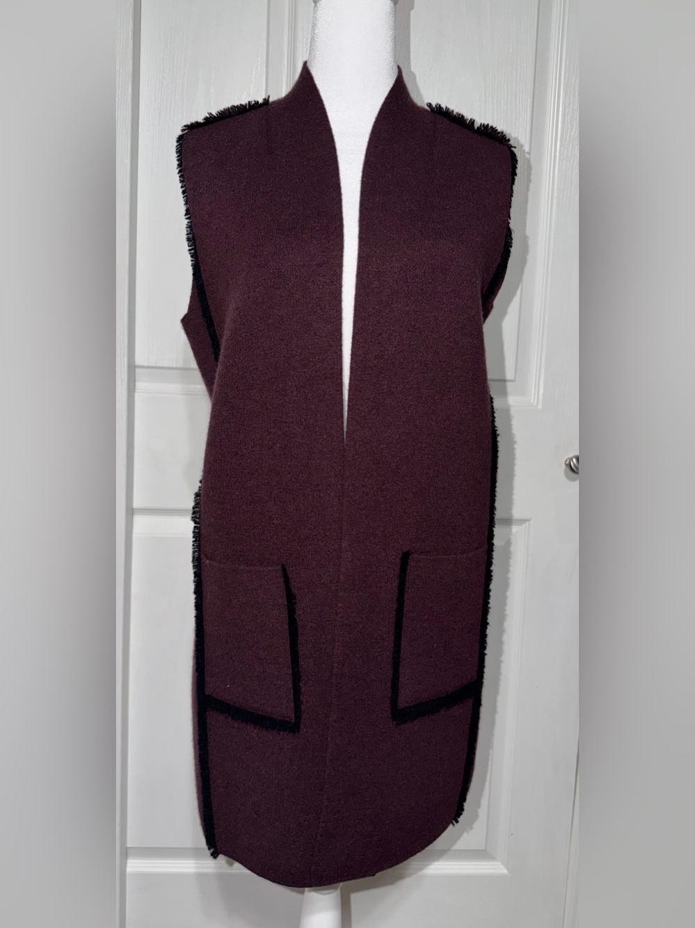 Neiman Marcus 100% Cashmere Longline Fringe Duster Vest Plum-XS
